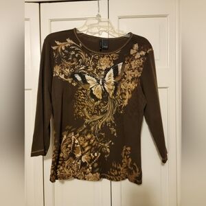 New Directions Brown Floral Butterfly Long Sleeve Top Size Large EUC